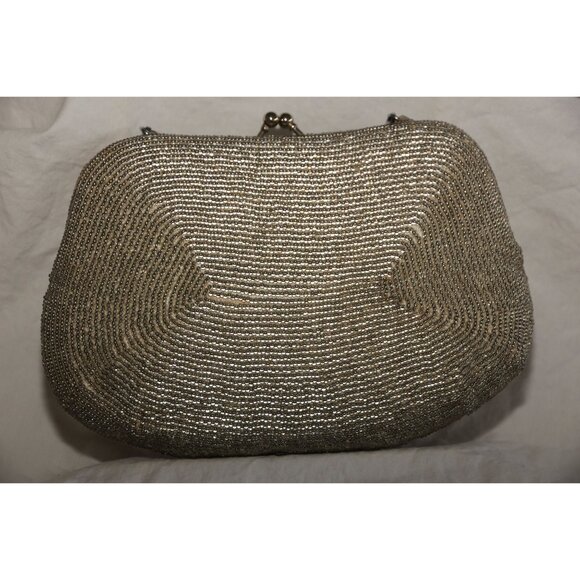 Vtg 1960's Silver Beaded Evening Bag Floral Pattern Handmade Serpentine Handle - Picture 4 of 9